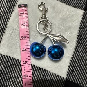 Blue Metallic Cherry Keychain with Silver Leaves